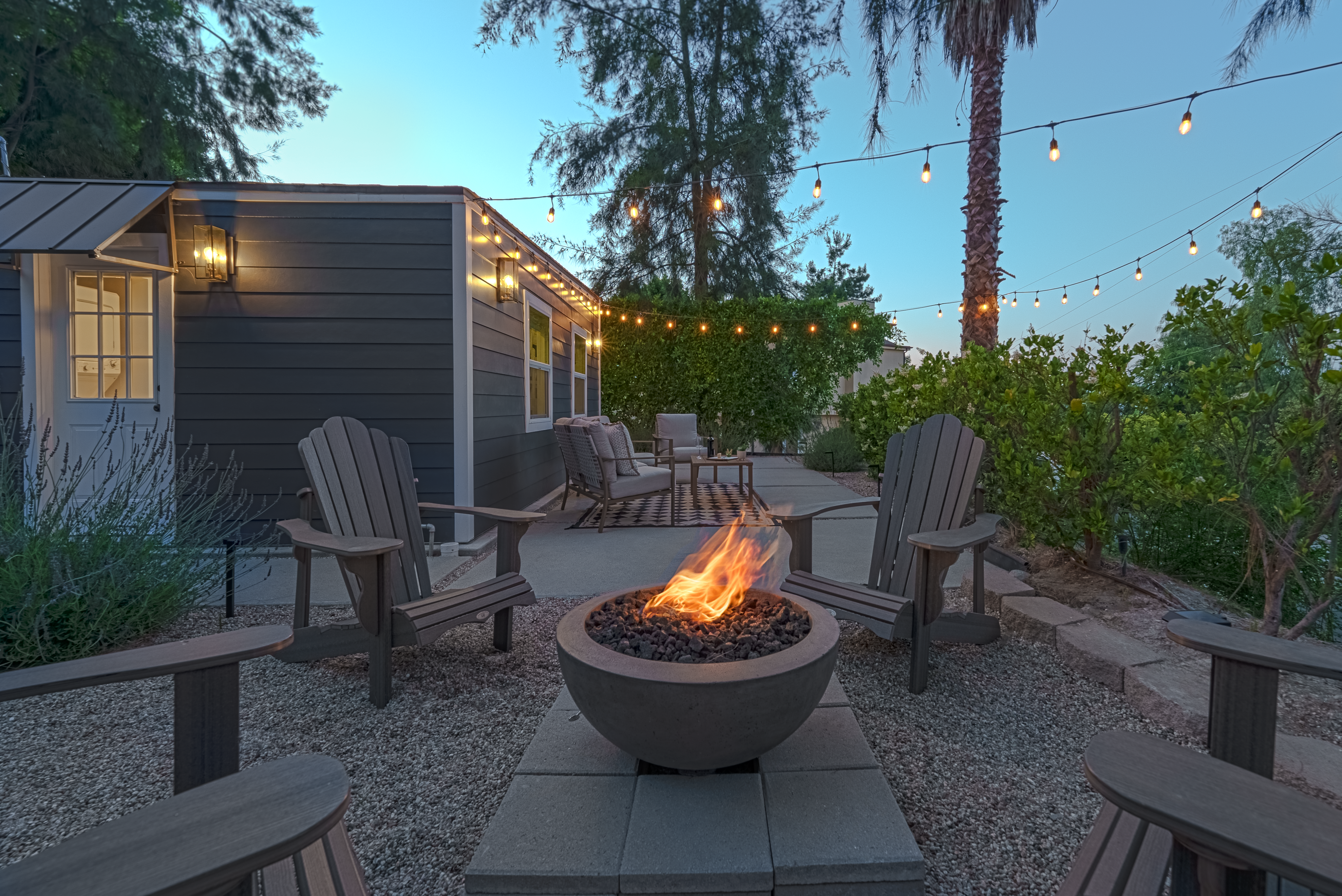 beautiful serene backyard, fire pit with seating area